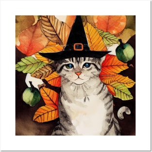 Cat in witch hat Halloween Posters and Art